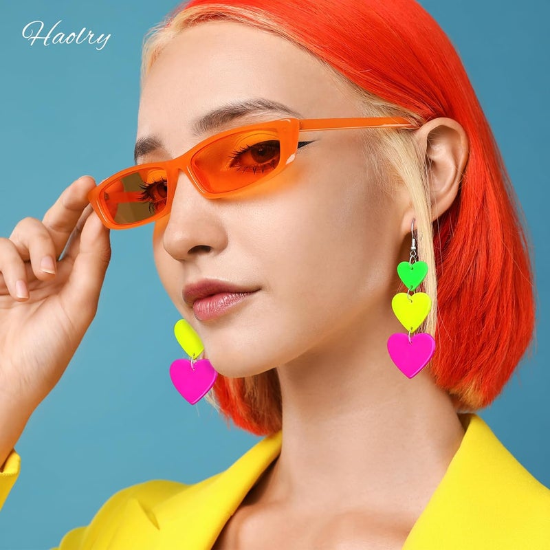 HOLYRY Neon Heart Earrings for Women Acrylic Neon Earrings 80s 90s Outfit for Women Glow Party Accessories Gifts Hot Pink Orange Green Yellow - Image 3
